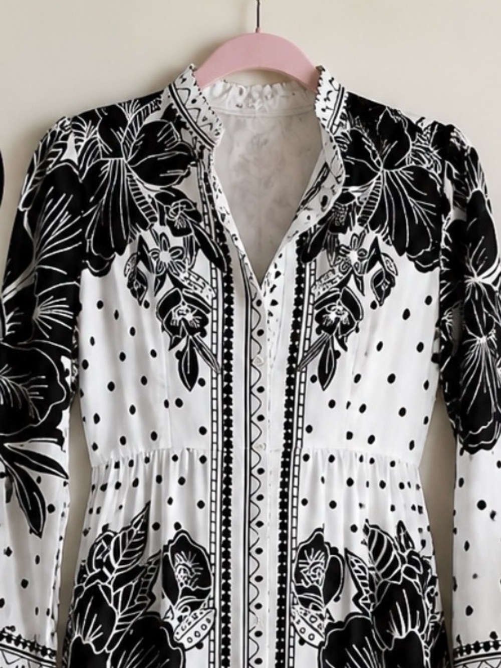 Boutique Black White Floral Maxi Shirt Dress L XL Modest Statement Boho Chic - Picture 4 of 6